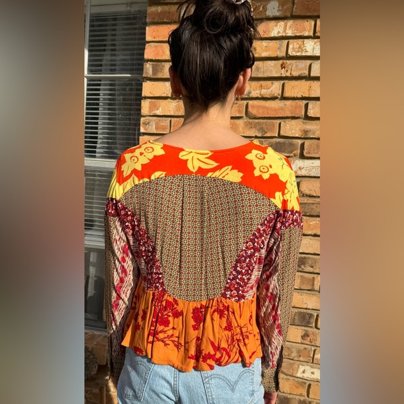 NWOT Free People Patchwork Long Sleeve Peasant Blouse Sz.S - Picture 3 of 7